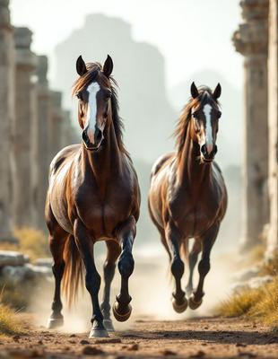 Primary subject: Two brown horses running down a dirt road.

Setting/background: The horses are running in front of a mountain, with a rocky landscape in the background.

Visual style: The image is a photo of the two horses running.

Colors and mood: The image has a warm and natural color palette, with the brown horses and the mountain in the background. The overall atmosphere is energetic and dynamic, as the horses are in motion.