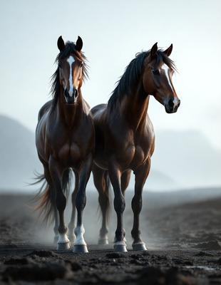 Primary subject: Two brown horses standing next to each other.

Setting/background: A rocky, mountainous area with a foggy atmosphere.

Visual style: A black and white photo.

Colors and mood: The image is in black and white, giving it a classic and timeless feel. The horses and the surrounding environment are depicted in shades of brown, creating a sense of depth and contrast.