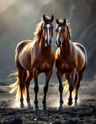 The primary subject of the image is two brown horses standing next to each other. They are positioned in a dirt field, which serves as the setting for the scene. The visual style of the image is a photo, capturing the horses in their natural environment. The colors and mood of the image are warm and earthy, with the horses' brown coats and the dirt field creating a sense of natural beauty.