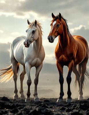 Primary subject: Two horses standing next to each other.

Setting/background: The horses are standing on a dirt ground, with a cloudy sky in the background.

Visual style: The image is a digital art or illustration of the two horses.

Colors and mood: The image has a warm and natural color palette, with the horses being the main focus.