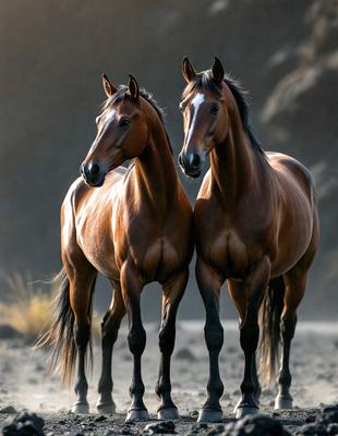 The primary subject of the image is two brown horses standing next to each other. They are positioned in a rocky environment, with a mountainous background. The visual style of the image is a photo, capturing the horses in their natural habitat. The colors and mood of the image are earthy and natural, with the brown horses being the main focus.