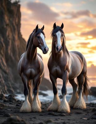 The primary subject of the image is two horses standing next to each other on a beach. The setting is a rocky coastline with a body of water in the background. The visual style is a digital art or illustration, creating a realistic and detailed representation of the horses and their surroundings. The colors and mood of the image are predominantly warm and serene, with the sunset casting a warm glow over the scene.