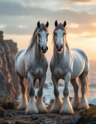 Primary subject: Two white horses standing on a hill.

Setting/background: The horses are standing on a hill overlooking the ocean.

Visual style: The image is a digital artwork.

Colors and mood: The image has a warm and serene atmosphere, with the horses and the ocean creating a picturesque scene.