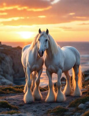 Primary subject: Two white horses standing on a grassy hill.

Setting/background: The horses are standing on a grassy hill with a beautiful ocean view in the background.

Visual style: The image is a digital artwork, featuring two white horses with long hair and a sunset in the background.

Colors and mood: The image has a warm and serene atmosphere, with the sunset casting a golden glow on the scene. The horses' long hair adds a touch of elegance and grace to