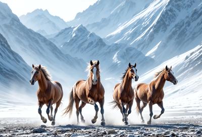 Primary subject: Horses
Setting/background: Snowy mountain
Visual style: Photo
Colors and mood: Cold, snowy, and majestic