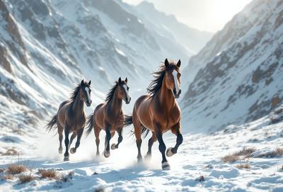 Primary subject: Three horses running in the snow.

Setting/background: A snowy mountain range in the background.

Visual style: A photo of the horses running in the snow.

Colors and mood: The image is in black and white, giving it a classic and timeless feel. The snowy landscape and the horses' movement create a sense of adventure and freedom.
