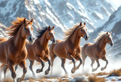 Primary subject: Horses
Setting/background: Snowy mountain
Visual style: Photo
Colors and mood: Cold, snowy, and majestic