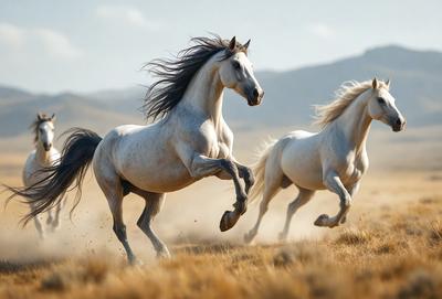 Primary subject: Two horses running in a field.

Setting/background: A field with dirt and mountains in the background.

Visual style: A photo of the two horses running.

Colors and mood: The image is in black and white, giving it a classic and timeless feel. The horses are running freely, creating a sense of freedom and energy.