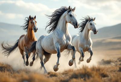 Primary subject: Three horses running in a field.

Setting/background: A field with grass and mountains in the background.

Visual style: A photo of the horses running.

Colors and mood: The image is in black and white, giving it a classic and timeless feel.