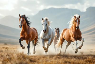 Primary subject: Horses
Setting/background: A field with mountains in the background
Visual style: Photo
Colors and mood: The image is in black and white, giving it a classic and timeless feel.