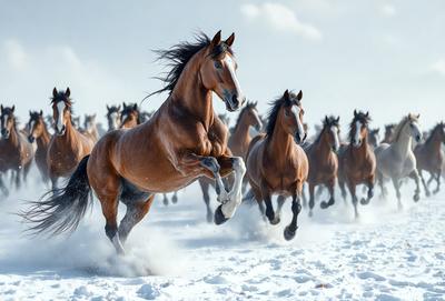 The primary subject of the image is a brown horse running through the snow. The setting is a snowy field, and the visual style appears to be a photo. The horse is the main focus of the image, and the dominant colors are brown and white, creating a sense of motion and energy.