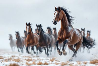 Primary subject: A brown horse running in a field.

Setting/background: The horse is running in a snowy field, with a herd of horses in the background.

Visual style: The image is a photo of the horse running in the snow.

Colors and mood: The dominant colors are brown and white, with a snowy and cold atmosphere.