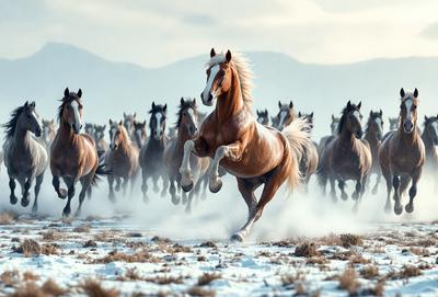 Primary subject: A brown horse running in a field.

Setting/background: The horse is running in a snowy field, with mountains visible in the background.

Visual style: The image is a photo of the horse running in the snow.

Colors and mood: The dominant colors are brown and white, with a snowy and cold atmosphere.