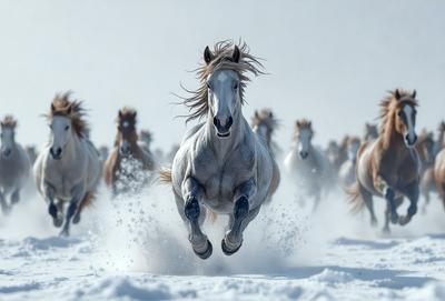 Primary subject: A white horse with long hair running in the snow.

Setting/background: The horse is running in a snowy field, with a sky background.

Visual style: The image is a photo of the horse in motion.

Colors and mood: The dominant colors are white and gray, with a cold and snowy atmosphere.