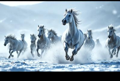 Primary subject: A white horse running in the snow.

Setting/background: The horse is running in a snowy field, with a mountain in the background.

Visual style: The image is a digital artwork.

Colors and mood: The dominant colors are white and blue, with a cold and snowy atmosphere.