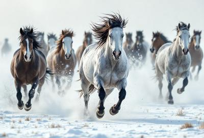 Primary subject: A white horse running in the snow.

Setting/background: The horse is running through a snowy field, with other horses in the background.

Visual style: The image is a photo of the white horse running in the snow.

Colors and mood: The dominant colors are white and gray, with a cold and snowy atmosphere.
