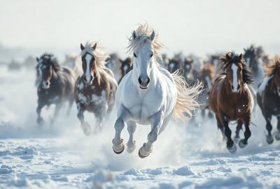 The primary subject of the image is a white horse running through the snow. The setting is a snowy field, and the visual style appears to be a photo. The horse is the main focus of the image, and the overall atmosphere is one of speed and motion.