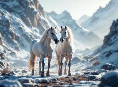 Primary subject: Two white horses standing in the snow.

Setting/background: The horses are standing in a snowy mountain range, with a mountainous background.

Visual style: The image is a photo of the two white horses in the snow.

Colors and mood: The image has a cold and serene atmosphere, with the white horses standing out against the snowy background.