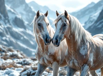 Primary subject: Two horses standing next to each other.

Setting/background: A snowy mountain range in the background.

Visual style: A photo of the two horses.

Colors and mood: The image is in black and white, giving it a classic and timeless feel. The snowy mountain range adds a sense of serenity and beauty to the scene.