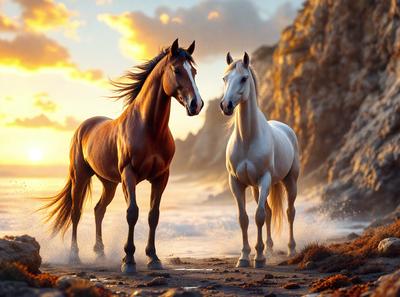 Primary subject: Two horses standing on a beach.

Setting/background: The horses are standing on a beach near the ocean, with a rocky cliff in the background.

Visual style: The image is a digital art or illustration of the two horses.

Colors and mood: The colors in the image are predominantly brown and white, with a warm and serene atmosphere.