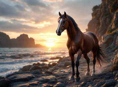 Primary subject: A brown horse with a white face standing on a rocky beach.

Setting/background: The horse is standing on a rocky beach with a body of water in the background. The sun is setting, creating a beautiful and serene atmosphere.

Visual style: The image is a digital artwork, featuring a detailed and realistic representation of the horse and its surroundings.

Colors and mood: The dominant colors in the image are brown, white, and various shades of orange and blue
