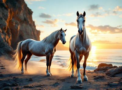 Primary subject: Two horses standing on a beach.

Setting/background: The horses are standing on a sandy beach near the ocean.

Visual style: The image is a photo of the two horses.

Colors and mood: The colors in the image are predominantly shades of brown, white, and gray, creating a calm and serene atmosphere.
