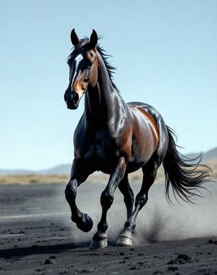 Primary subject: A brown horse with a white face running on a dirt road.

Setting/background: The horse is running on a dirt road, with mountains visible in the background.

Visual style: The image is a photo of the horse in motion.

Colors and mood: The horse has a brown coat with a white face, and the overall atmosphere is energetic and dynamic.
