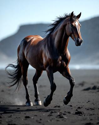 Primary subject: A brown horse running on a beach.

Setting/background: The horse is running on a sandy beach near the ocean.

Visual style: The image is a photo of the horse running on the beach.

Colors and mood: The dominant colors are brown and black, with the ocean and sky in the background providing a serene and natural atmosphere.