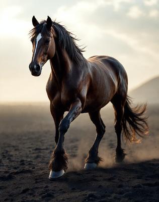 Primary subject: A brown horse with a white face.

Setting/background: A sandy beach.

Visual style: A photo.

Colors and mood: The horse has a brown and white color, and the overall atmosphere is serene and natural.