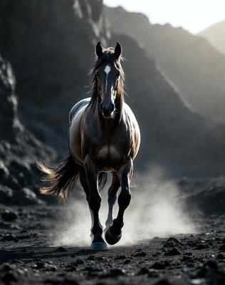 Primary subject: A brown horse with a white face.

Setting/background: A rocky, mountainous terrain.

Visual style: A photo of the horse in motion.

Colors and mood: The image is in black and white, giving it a classic and timeless feel.