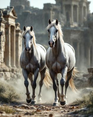 Primary subject: Two horses walking down a dirt road.

Setting/background: Ancient ruins in the background.

Visual style: Digital art.

Colors and mood: The image is in black and white, giving it a classic and timeless feel.