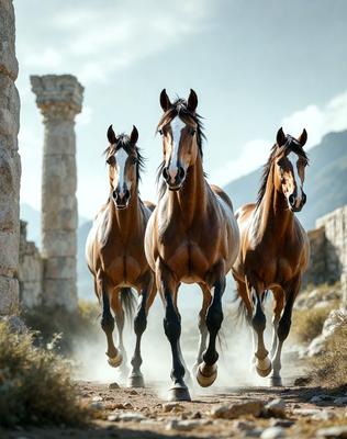 Primary subject: Three brown horses running together.

Setting/background: A dirt road with a mountain in the background.

Visual style: A photo of the horses running.

Colors and mood: The horses are brown, and the overall atmosphere is energetic and dynamic.