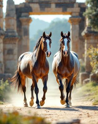 Primary subject: Two horses running down a dirt road.

Setting/background: The horses are running in front of a stone archway, which suggests an ancient or historical setting.

Visual style: The image is a photo of the two horses running.

Colors and mood: The image has a sepia tone, giving it a vintage and nostalgic feel. The horses are brown and white, adding to the overall warm and earthy atmosphere of the scene.