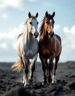 The primary subject of the image is two horses standing next to each other in a dirt field. The setting is a natural environment with a dirt surface, and the visual style appears to be a photo. The horses are brown and white, and their presence creates a sense of companionship and harmony.