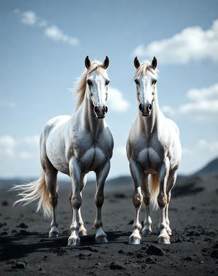 The primary subject of the image is two white horses standing next to each other in a black and white photo. The setting is a rocky area with a mountain in the background. The visual style is a black and white photo, which gives the image a classic and timeless appearance. The colors and mood of the image are predominantly black and white, creating a dramatic and moody atmosphere.