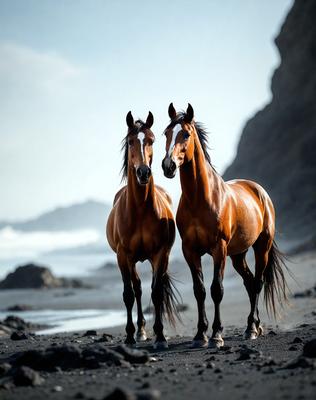 The primary subject of the image is two brown horses standing on a beach. They are positioned close to each other, facing the same direction. The setting is a rocky beach with a rocky surface, and the visual style appears to be a photo. The colors in the image are predominantly brown, and the overall atmosphere is calm and serene.
