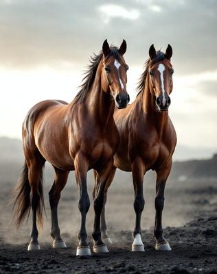 The primary subject of the image is two brown horses standing next to each other in a dirt field. The setting is a natural environment with a dirt surface, and the visual style appears to be a photo. The horses are the main focus of the image, and their presence creates a sense of companionship and connection. The colors in the image are predominantly brown, which adds to the natural and earthy atmosphere of the scene.