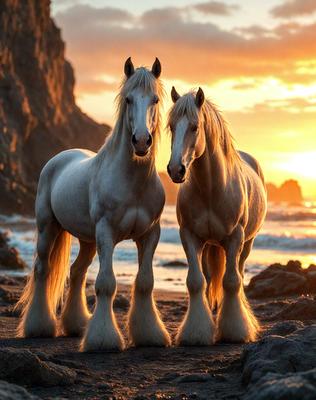 Primary subject: Two white horses standing on a beach.

Setting/background: The horses are standing on a rocky beach near the ocean.

Visual style: The image is a photo of the two horses.

Colors and mood: The image has a warm and serene atmosphere, with the sunset in the background creating a beautiful and peaceful scene.