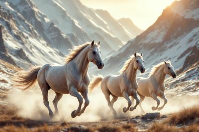 Primary subject: Four horses running in a mountainous area.

Setting/background: The horses are running in a snowy mountainous area, with a rocky terrain and a mountainous backdrop.

Visual style: The image is a photo of the four horses running in the snow.

Colors and mood: The image has a cold and snowy atmosphere, with the white snow and the horses' white coats creating a sense of purity and elegance.