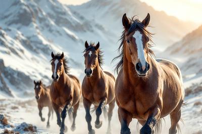 Primary subject: Horses
Setting/background: Snowy mountain
Visual style: Photo
Colors and mood: Cold, snowy, and majestic