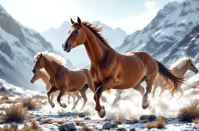 Primary subject: A brown horse running in the snow.

Setting/background: The horse is running in a snowy mountainous area, with a mountain range visible in the background.

Visual style: The image is a photo of the horse in motion.

Colors and mood: The dominant colors are brown and white, with the snow adding a cold and wintry atmosphere to the scene.