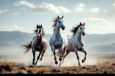 Primary subject: Three horses running in a field.

Setting/background: A field with mountains in the background.

Visual style: A photo of the horses running.

Colors and mood: The image is in black and white, giving it a classic and timeless feel.