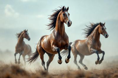Primary subject: A brown horse with a white face running in a field.

Setting/background: The horse is running in a field with a dusty surface.

Visual style: The image is a photo of the horse in motion.

Colors and mood: The dominant colors are brown and white, with a dusty and dynamic atmosphere.