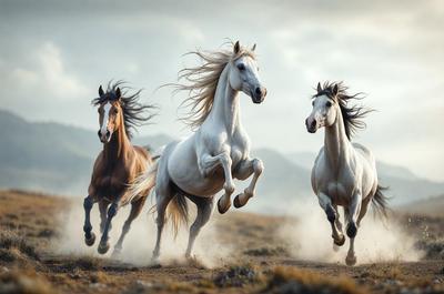 Primary subject: Three horses running in a field.

Setting/background: A field with mountains in the background.

Visual style: A photo of the horses running.

Colors and mood: The image is in black and white, giving it a classic and timeless feel.