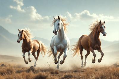 Primary subject: Three horses running in a field.

Setting/background: A field with dry grass and mountains in the background.

Visual style: A photo of the horses running.

Colors and mood: The image has a warm and natural color palette, with the horses' coats and the field's dry grass being the main colors. The mood of the image is energetic and dynamic, as the horses are captured in motion.