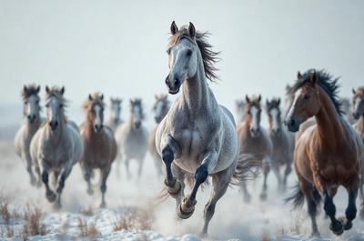 Primary subject: A horse running in a snowy field.

Setting/background: The horse is running in a snowy field, with a herd of horses in the background.

Visual style: The image is a photo of the horse running in the snow.

Colors and mood: The dominant colors are white and gray, with a cold and snowy atmosphere.