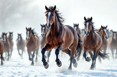 The primary subject of the image is a brown horse running through the snow. The setting is a snowy field, and the visual style appears to be a photo. The horse is the main focus of the image, and the dominant colors are brown and white, creating a sense of motion and energy.