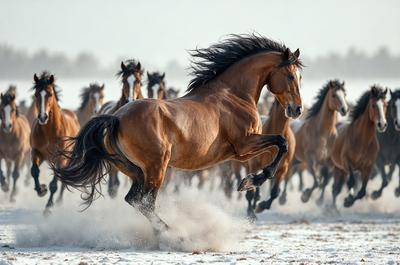 Primary subject: A brown horse running in the snow.

Setting/background: The horse is running in a snowy field, with other horses in the background.

Visual style: The image is a photo of the horse running in the snow.

Colors and mood: The dominant colors are brown and white, with a cold and snowy atmosphere.