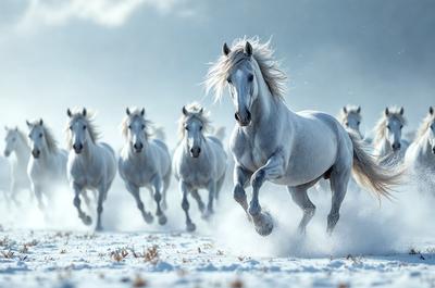 Primary subject: A white horse running in the snow.

Setting/background: The horse is running in a snowy field, with a cloudy sky in the background.

Visual style: The image is a photo of the horse in motion.

Colors and mood: The dominant colors are white and gray, with a cold and wintry atmosphere.