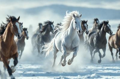 The primary subject of the image is a white horse running through the snow. The setting is a snowy field, and the visual style is a photo. The horse appears to be the main focus of the image, and the overall atmosphere is one of motion and beauty.